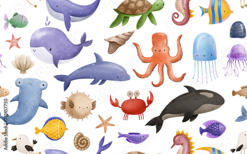 Seamless pattern with fish. Underwater sea world. Flora and fauna sharks jellyfish whales. Oceania. Children's hand drawn illustration on isolated background. Textile