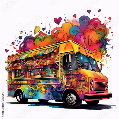Psychedelic food truck with bright colors and hearts.