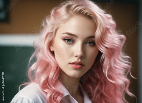 a beautiful woman with long blonde locks and curly pink hair wearing sexy clothes, high school student poster.