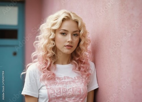  a beautiful woman with long blonde locks and curly pink hair wearing sexy clothes, high school student poster.