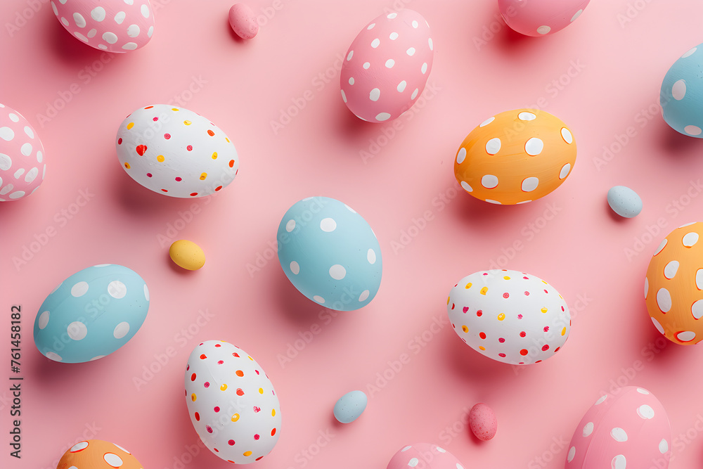 Illustrated Pattern of Pink, White, Blue and Yellow Easter Eggs over Pink Background