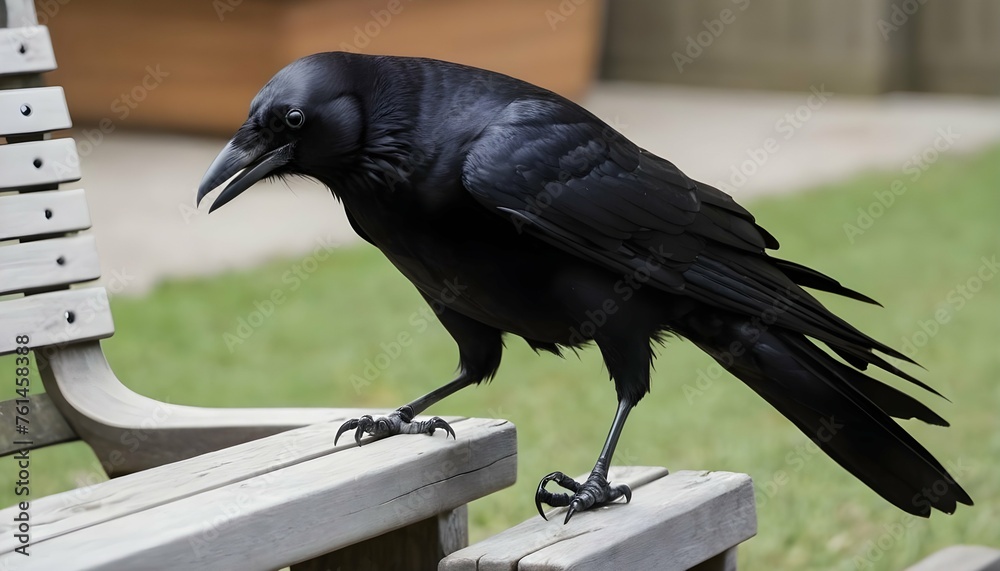 A Crow With Its Claws Scratching At A Wooden Bench - obrazy, fototapety, plakaty 