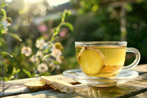r A glass cup of ginger tea on an outdoor table surrounded by a garden in bloom. The natural sunlight illuminates the golden hue of the tea and the vibrant green of the ginger slices.