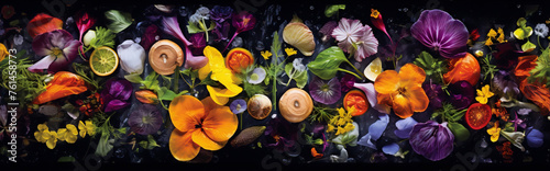 Still life of colorful flowers, fruits, and vegetables on a black background.