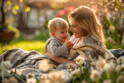 A heartwarming scene of a beautiful mother sitting with her little son on a cozy blanket in a sunlit garden patio. They are surrounded by blooming spring flowers, sharing a gentle moment of laughter.