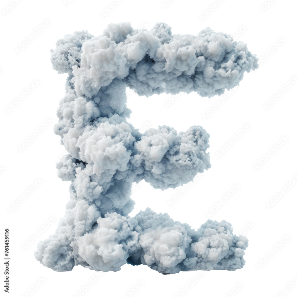 White cumulus cloud in form of letter E on transparent background