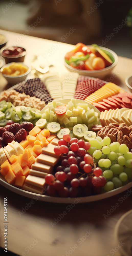 Close-up of a delicious and healthy food platter with fresh fruits, vegetables, and cheese arranged in a visually appealing way.