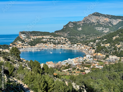 An aerial view of Port de Soller from mountains