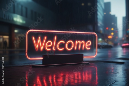 Slogan welcome neon light sign text effect on a rainy night street, horizontal composition