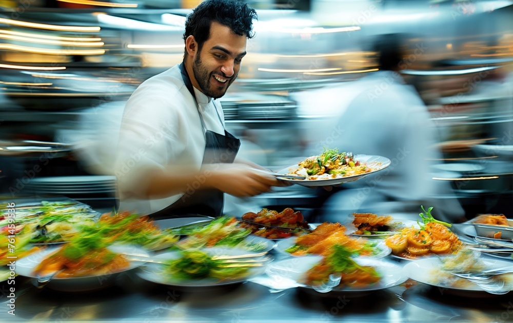 Motion blur of chef serving plates in a bustling kitchen.