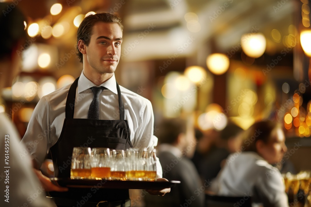 Smiling waiter carrying a tray of beer in a lively pub.