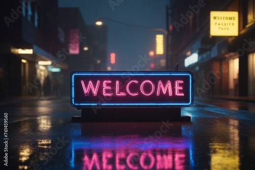 Slogan welcome neon light sign text effect on a rainy night street, horizontal composition © Thanh