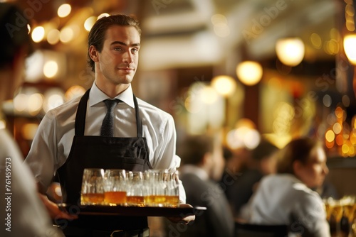Smiling waiter carrying a tray of beer in a lively pub.