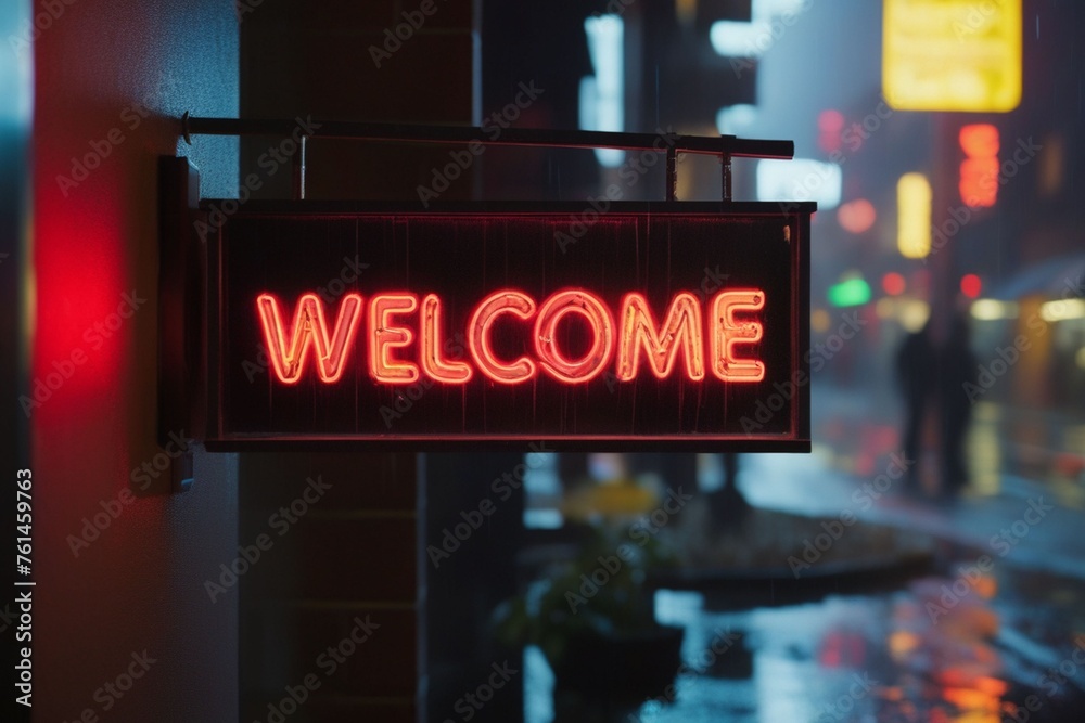 Slogan welcome neon light sign text effect on a rainy night street, horizontal composition
