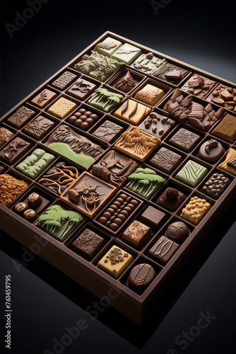 An assortment of chocolates in different shapes, sizes, and colors, displayed in a wooden box. © atalh
