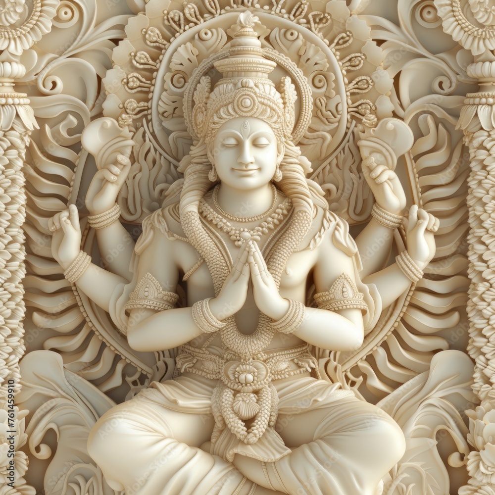 An intricately carved white statue of the Hindu deity Lord Vishnu