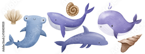 Marine set with big sea fishes. Underwater world with whale, shark and dolphin. Children's hand drawn illustration on isolated background