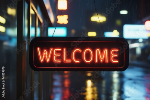 Slogan welcome neon light sign text effect on a rainy night street, horizontal composition