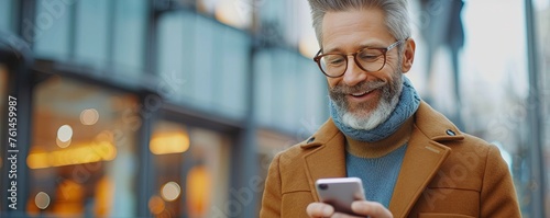 A cheerful businessman reads good news on a smartphone