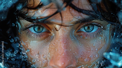 Look of handsome young man during rain or under water, drops on wet face. Generative AI