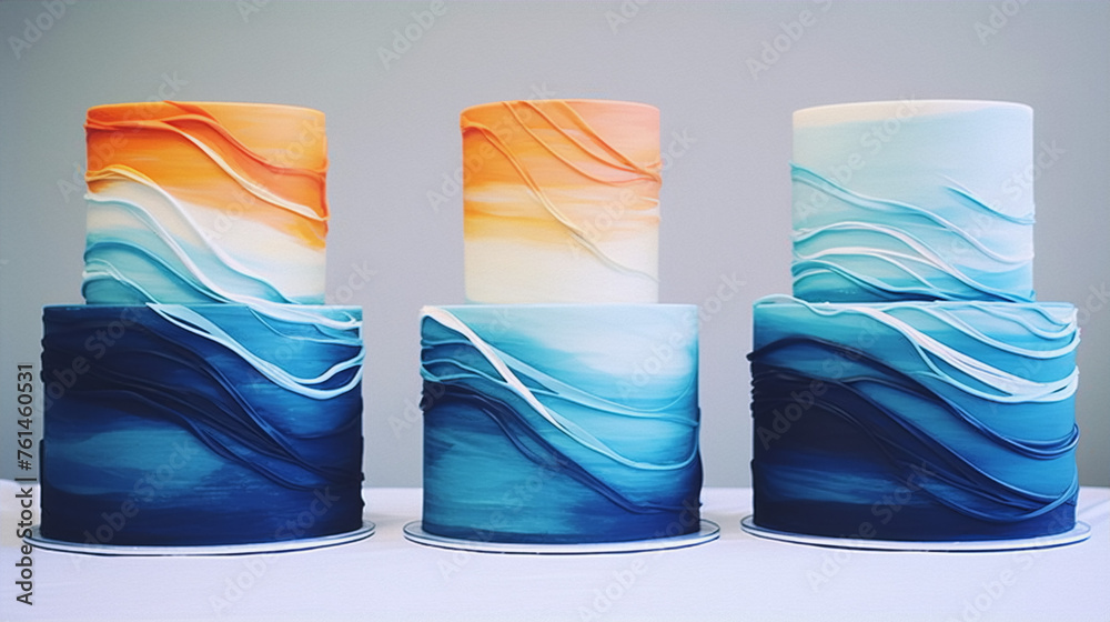 Three ombre buttercream wedding cakes with a wave pattern in blue and orange colors. - obrazy, fototapety, plakaty 