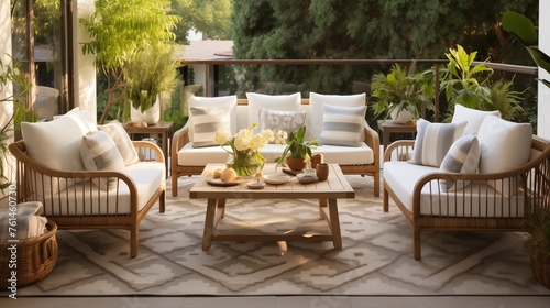 Use outdoor rugs to define seating areas and add warmth. © Aeman