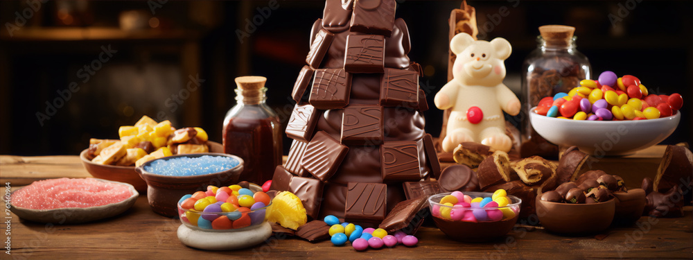 Still life of a large chocolate Christmas tree with a white chocolate teddy bear on top and surrounded by colorful candies and sweets.
