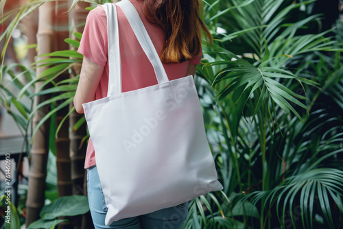 A woman carries a white tote bag on her back against a background of green leaves, suitable for mockup purposes