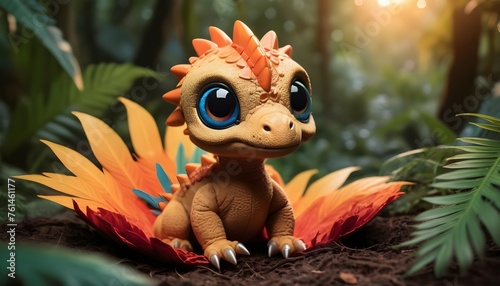 A tiny, cuddly dinosaur hatchling with oversized, sparkling eyes, nestled in a bed of vibrant, soft feathers against a backdrop of lush jungle foliage, bathed in the warm glow of a setting sun.