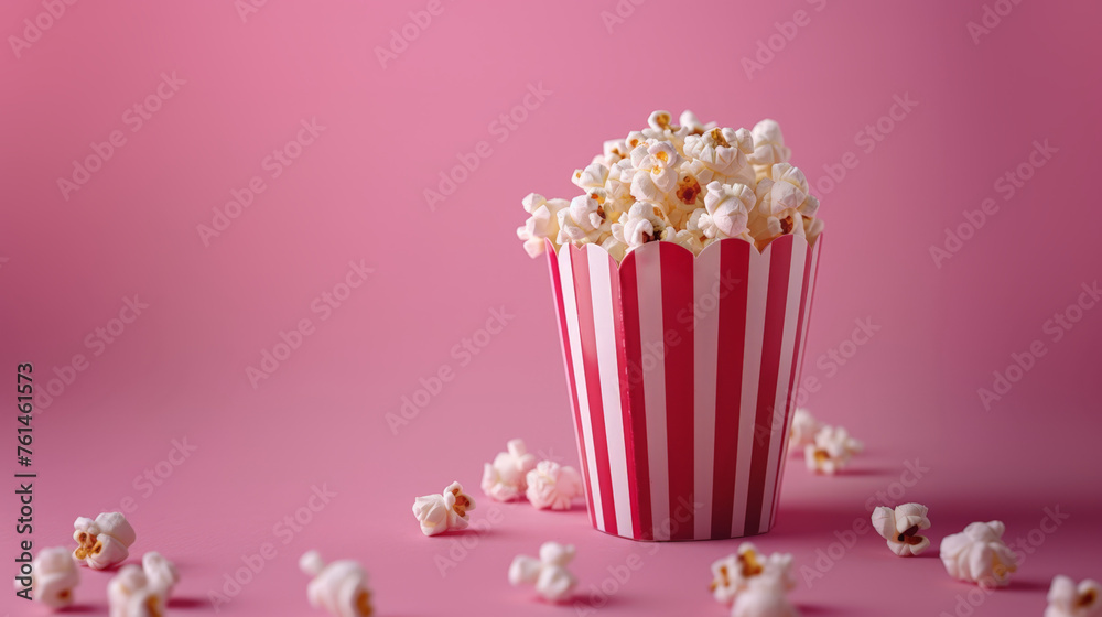 A full popcorn box with scattered kernels, set against a vibrant pink backdrop, emphasizing the snack’s appeal.