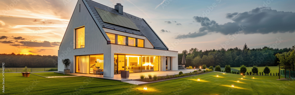 Photo of modern house with gable roof and terrace on the first floor, white walls with black window frames in an environment surrounded by green grass at sunset - obrazy, fototapety, plakaty 