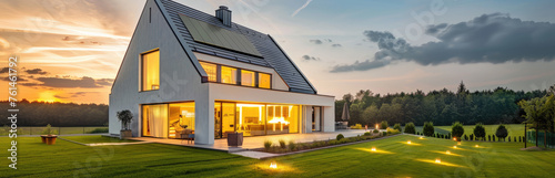 Photo of modern house with gable roof and terrace on the first floor, white walls with black window frames in an environment surrounded by green grass at sunset photo