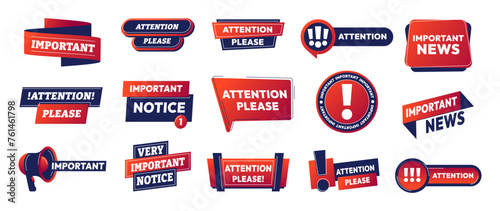 Important badges. Warning and caution stickers, alert and danger announcement symbols, offer and sale banner frames. Vector isolated collection. News red labels of different shapes photo