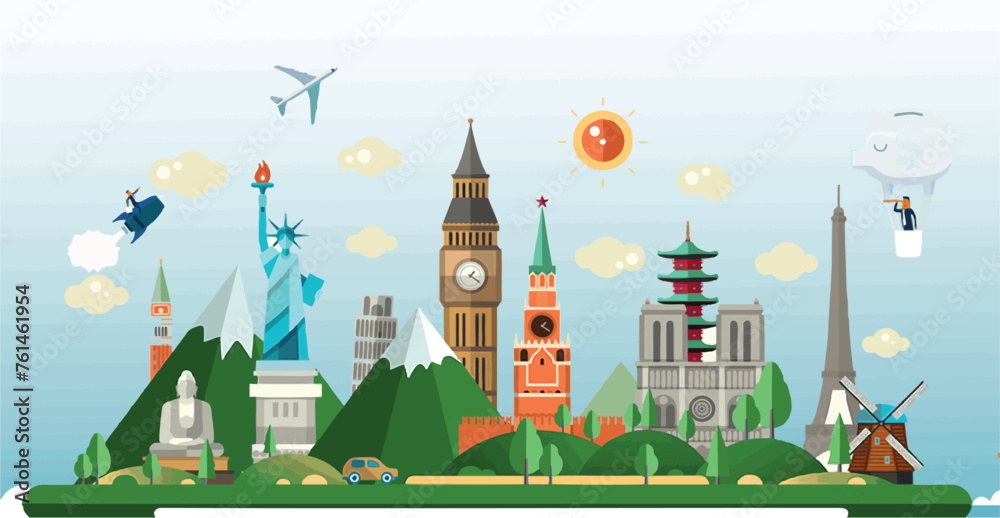 Travel composition with famous world landmarks. Travel and Tourism concept. Vector
