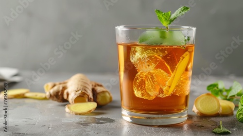 An elegant glass cup of ginger tea, placed on a modern, minimalist table. The clear glass reveals the rich amber color of the tea, with a few ginger slices and a sprig of mint for garnish.