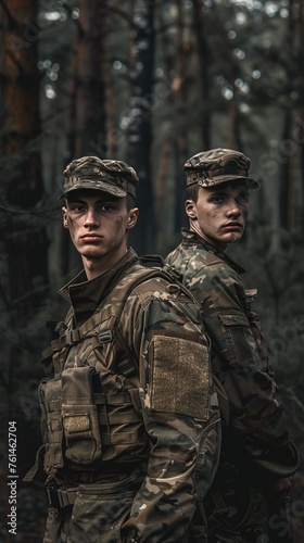 emotionless young soldiers in military uniform standing in a forest and looking at camera © Влада Яковенко