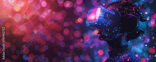 fantasy illustration of headshot of cyborg character of glowing neon colors dots in virtual reality headset on dark background