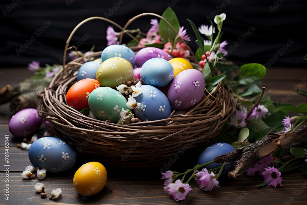 Easter eggs in the basket of wooden boards - generative ai Easter eggs in the basket of wooden boards - generative ai