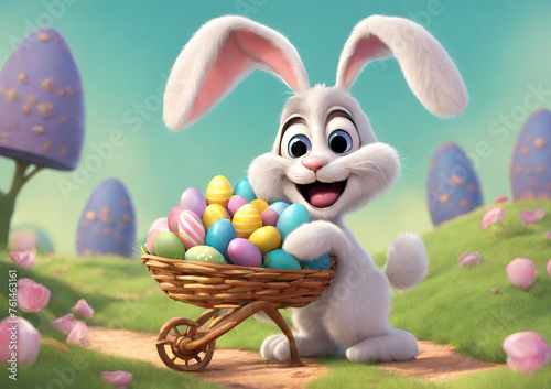3d Fluffy Easter bunny with colored eggs