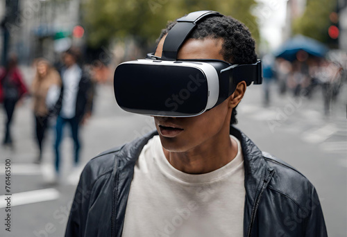 Close up of a black man wearing a VR glasses.