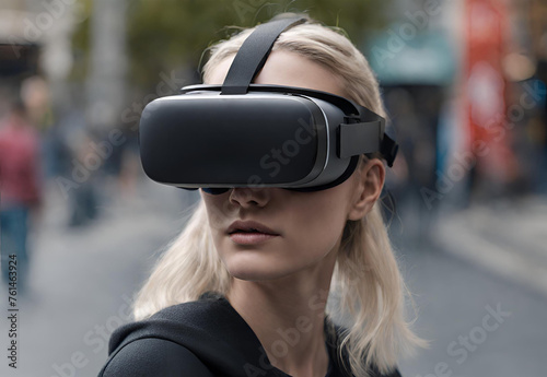 Close up of a woman wearing a VR glasses.