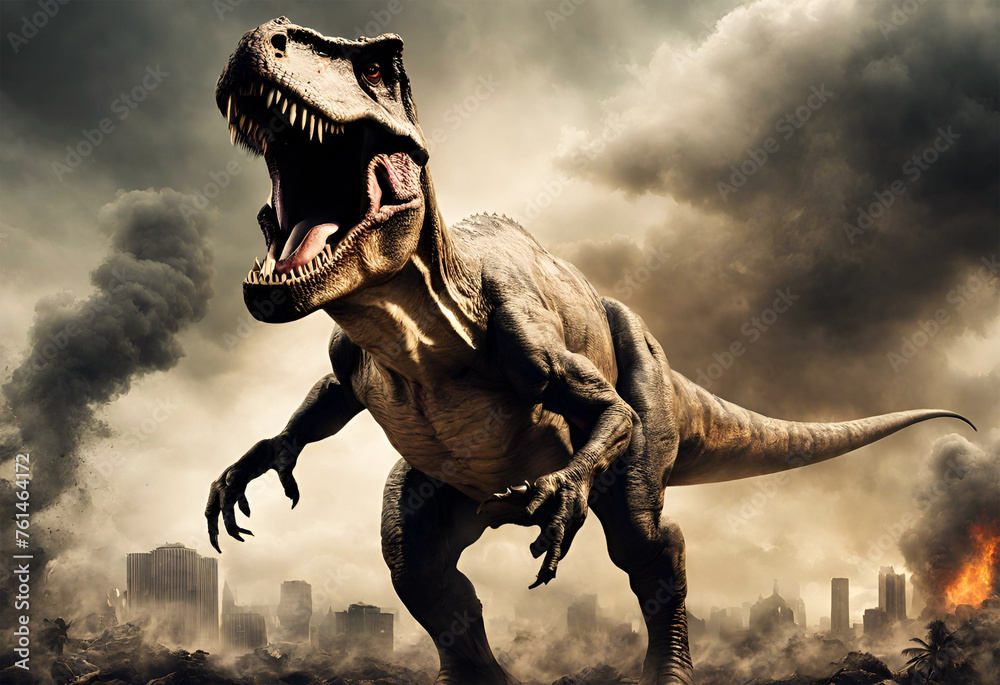 Fototapeta premium Angry T-Rex in an apocalyptic scene
