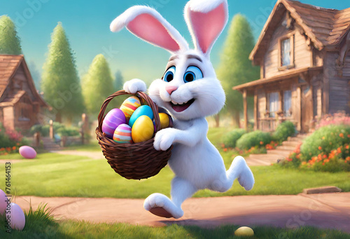 3d Fluffy easter bunny with colored eggs