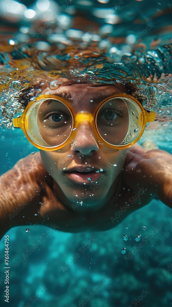 person in yellow swimming glasses and hat diving in pool water