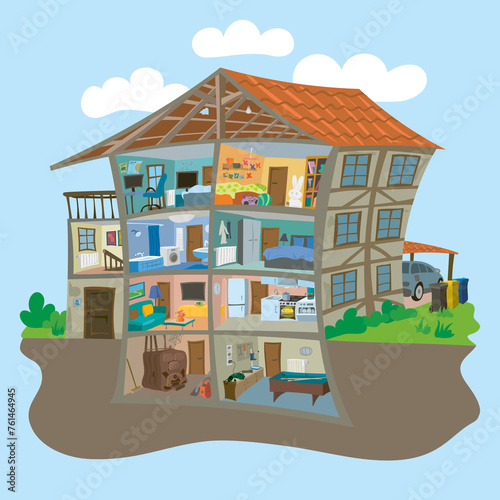 Illustration of a half-timbered house in need of renovation. Search image-(Illustration 1 of 3)