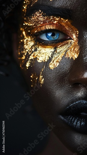 portrait with closeup of African American female with gold paint on face and body and golden against dark background