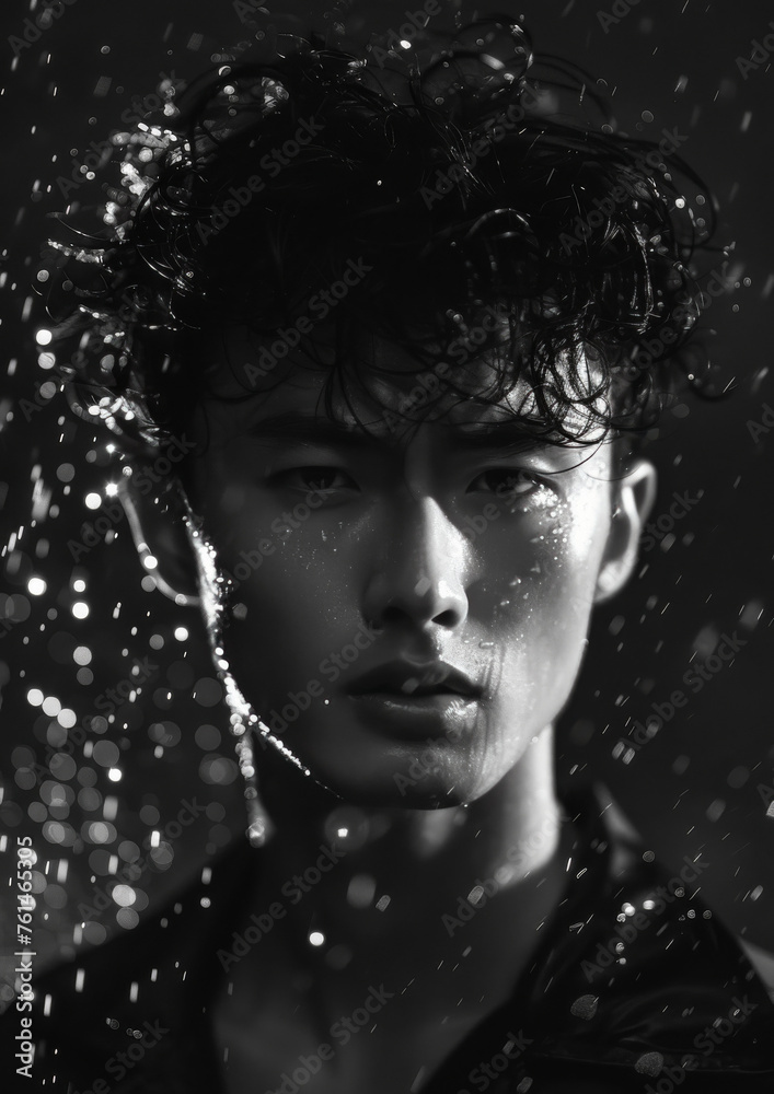 Asian Male Model in Rain, Sharp Jawline, Curly Hair, Studio B&W
Asian Male Model in Rain, Sharp Jawline, Curly Hair, Studio B&W