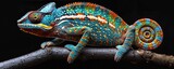 realistic multicolored chameleon with iridescent skin in speckles sitting on branch of a bush over black background