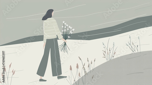 A girl walks along the road with flowers in her hands. Minimalistic illustration. 