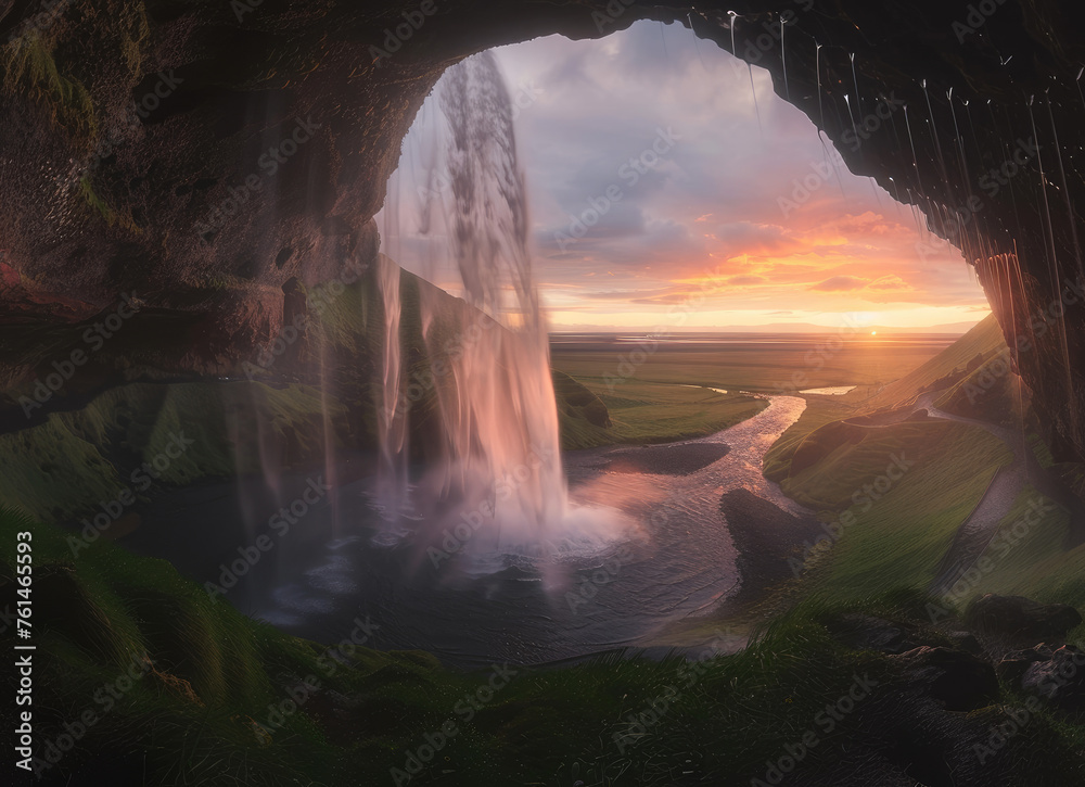 Photo of an Icelandic waterfall at sunset, taken from behind a cave with a beautiful sky and green meadow